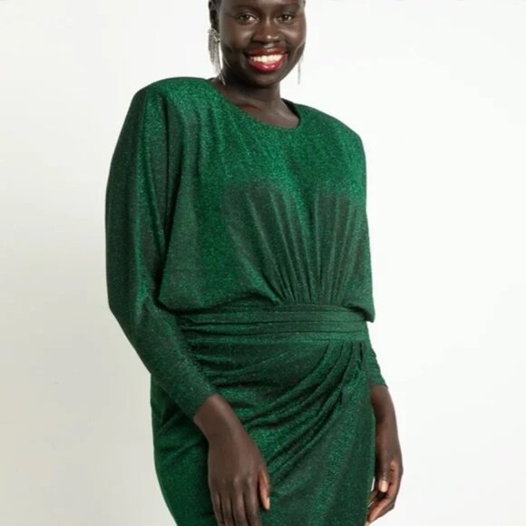 Eloquii Lurex Shimmer Dress 22 Tulip Hem Asymmetrical Cocktail Party Green - Picture 2 of 15